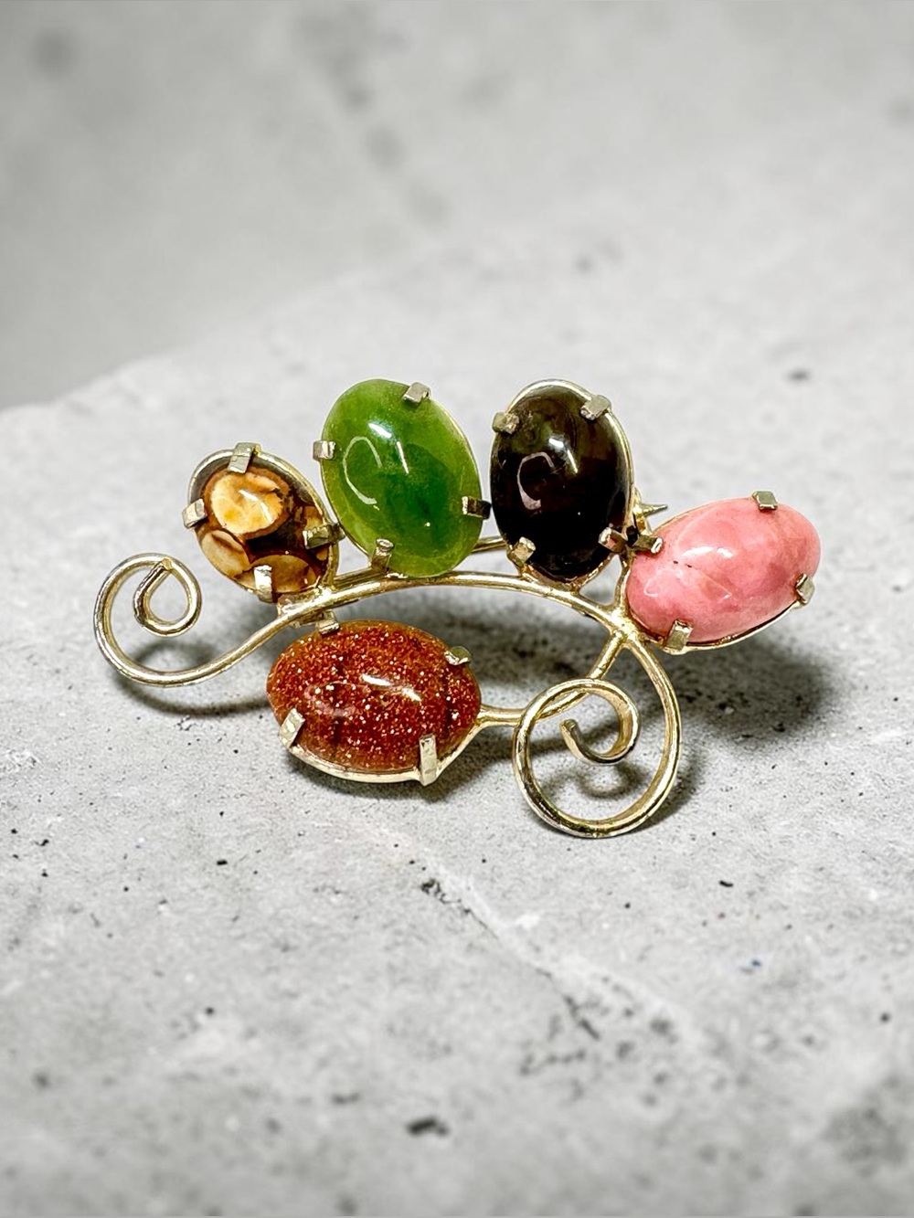 Multicolor Stone Floral Brooch - Gold Tone